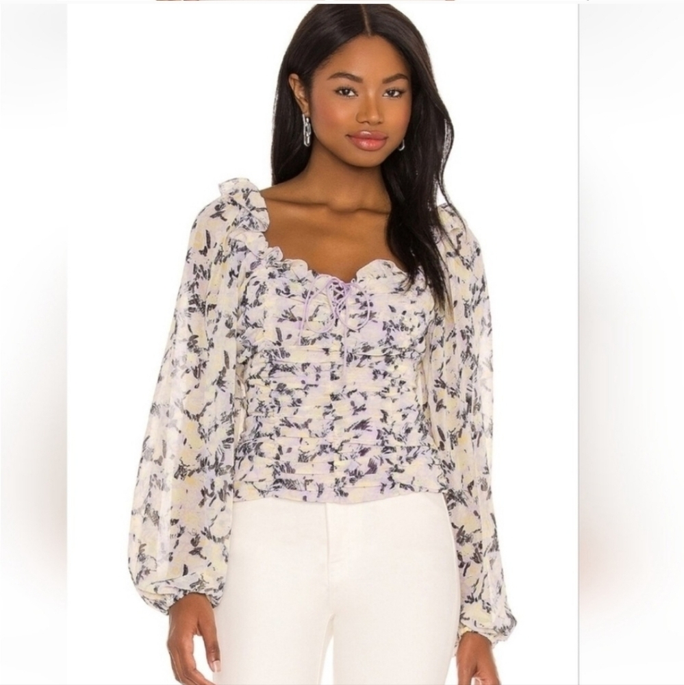 Free People Mabel Printed Blouse In Lilac Combo Size Small